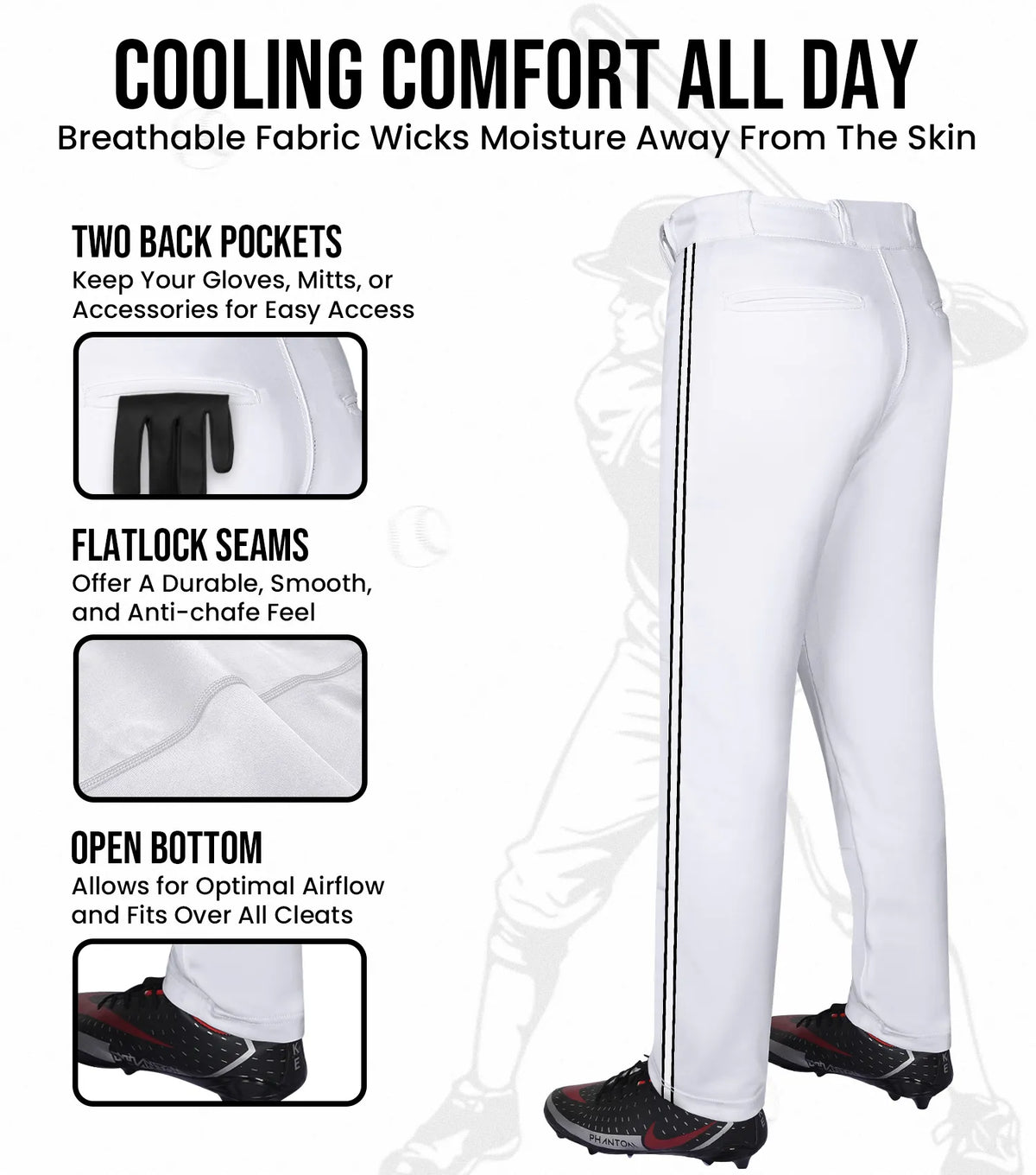 Proline Youth Full Length Baseball Pants with Stripes (white)
