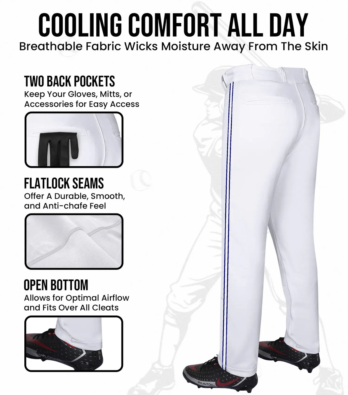 Proline Youth Full Length Baseball Pants with Stripes (white)