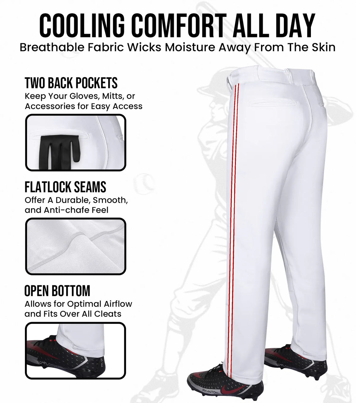 Proline Youth Full Length Baseball Pants with Stripes (white)