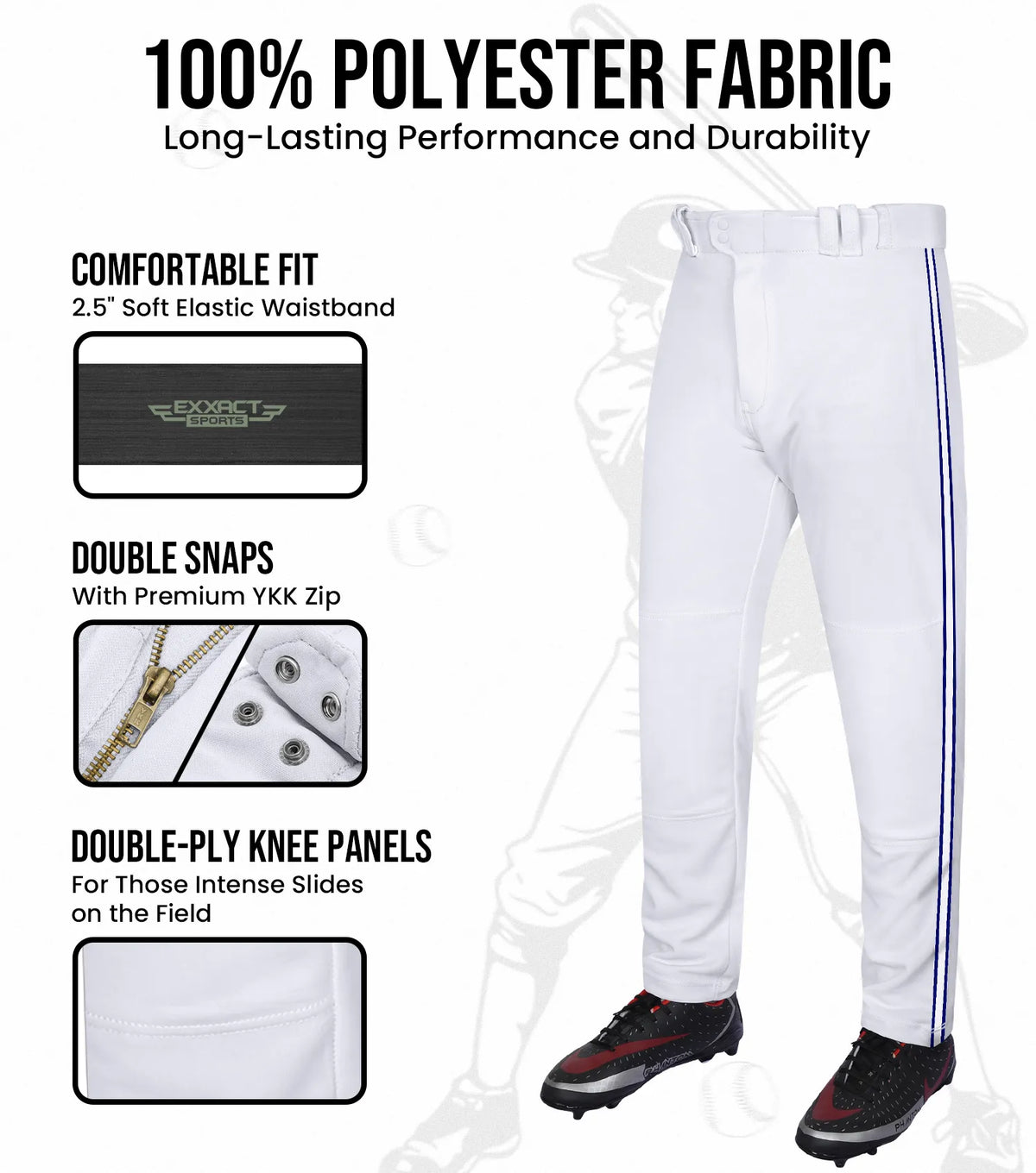 Proline Youth Full Length Baseball Pants with Stripes (white)