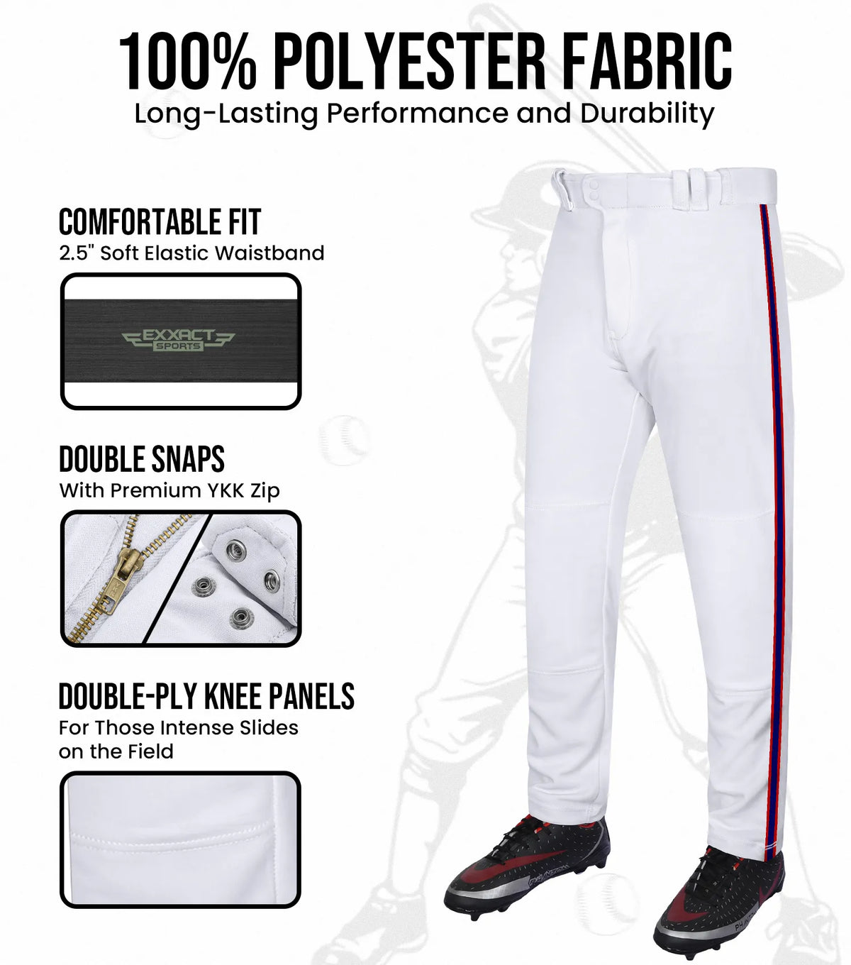 Proline Youth Full Length Baseball Pants with Stripes (white)
