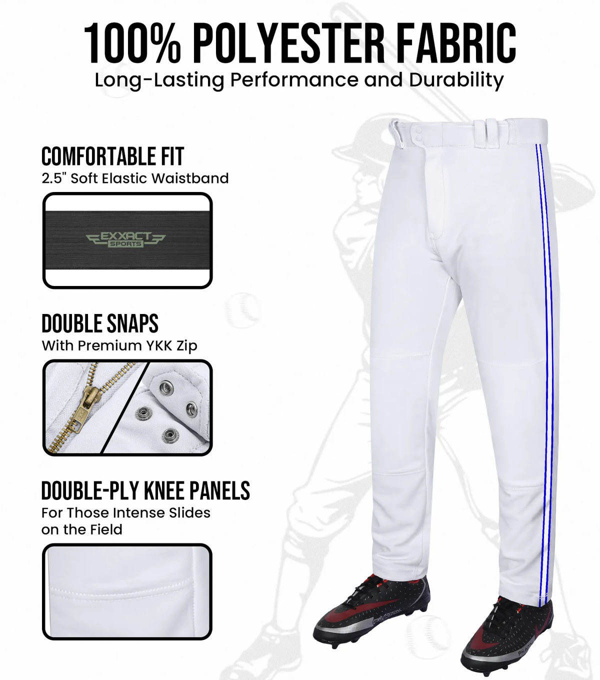 Proline Youth Full Length Baseball Pants with Stripes (white)