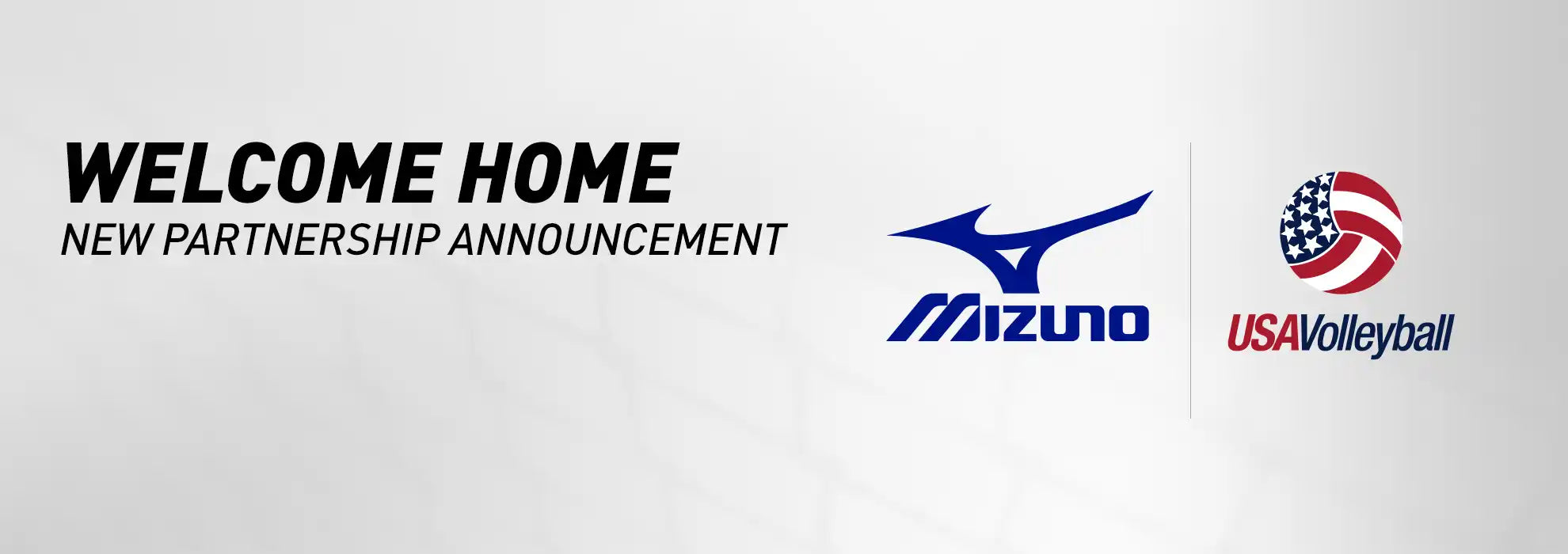 A promotional banner announcing a new partnership between Mizuno and USA Volleyball.