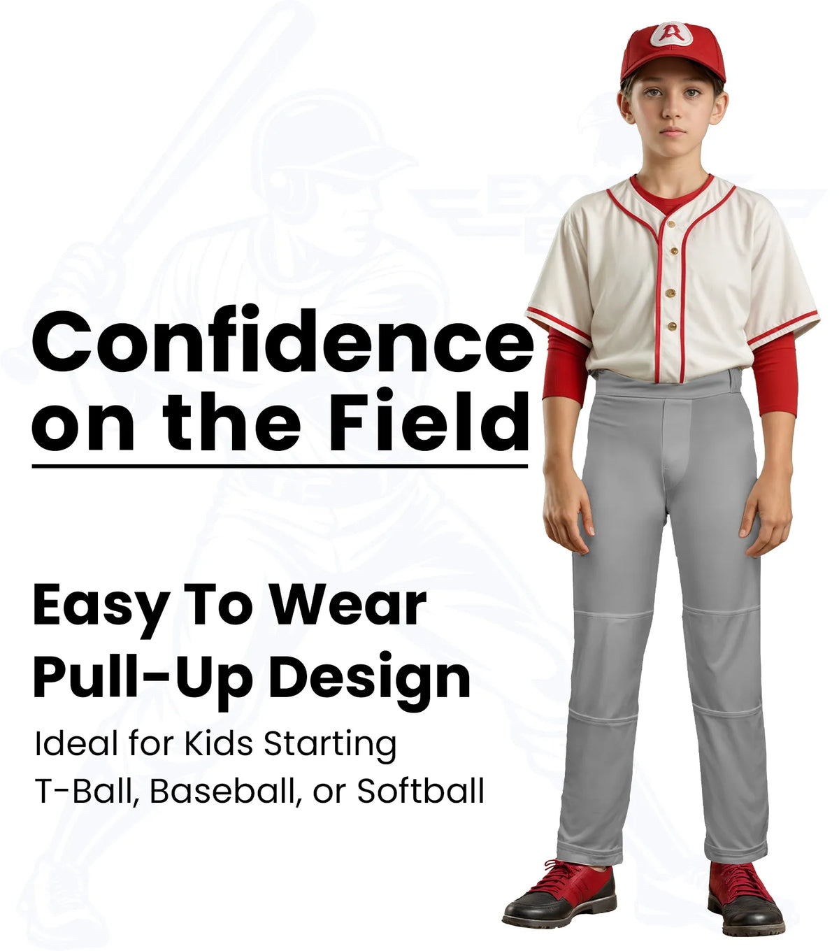 Pull-up Boys Baseball Pants with Adjustable Drawstring Full Length & open bottom (gray)