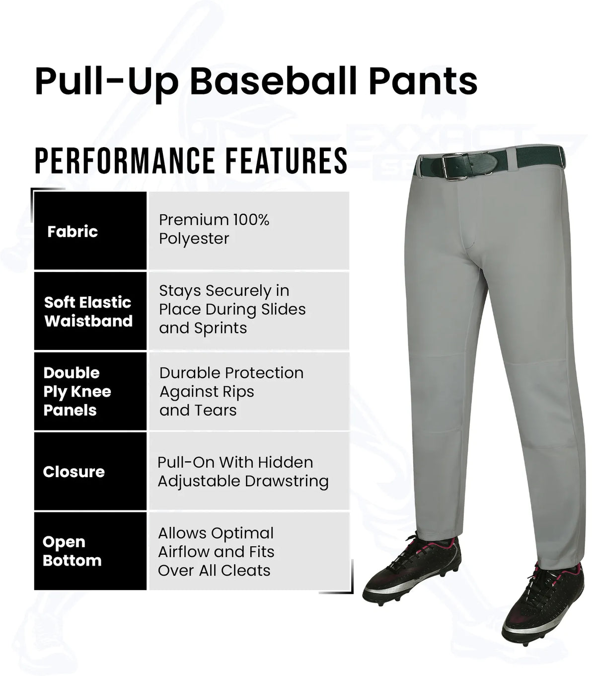 Pull-up Boys Baseball Pants with Adjustable Drawstring Full Length & open bottom (gray)