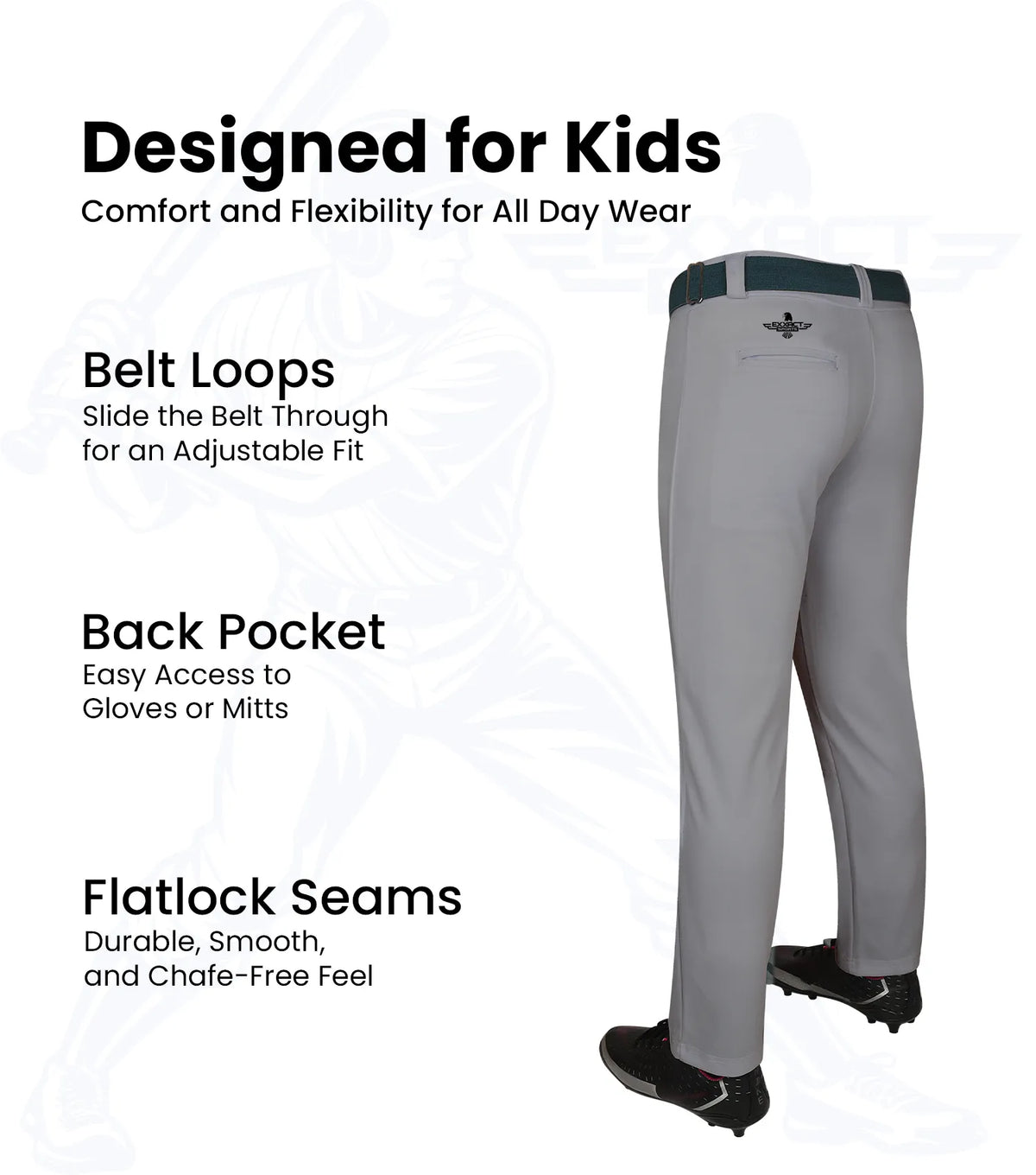 Pull-up Boys Baseball Pants with Adjustable Drawstring Full Length & open bottom (gray)