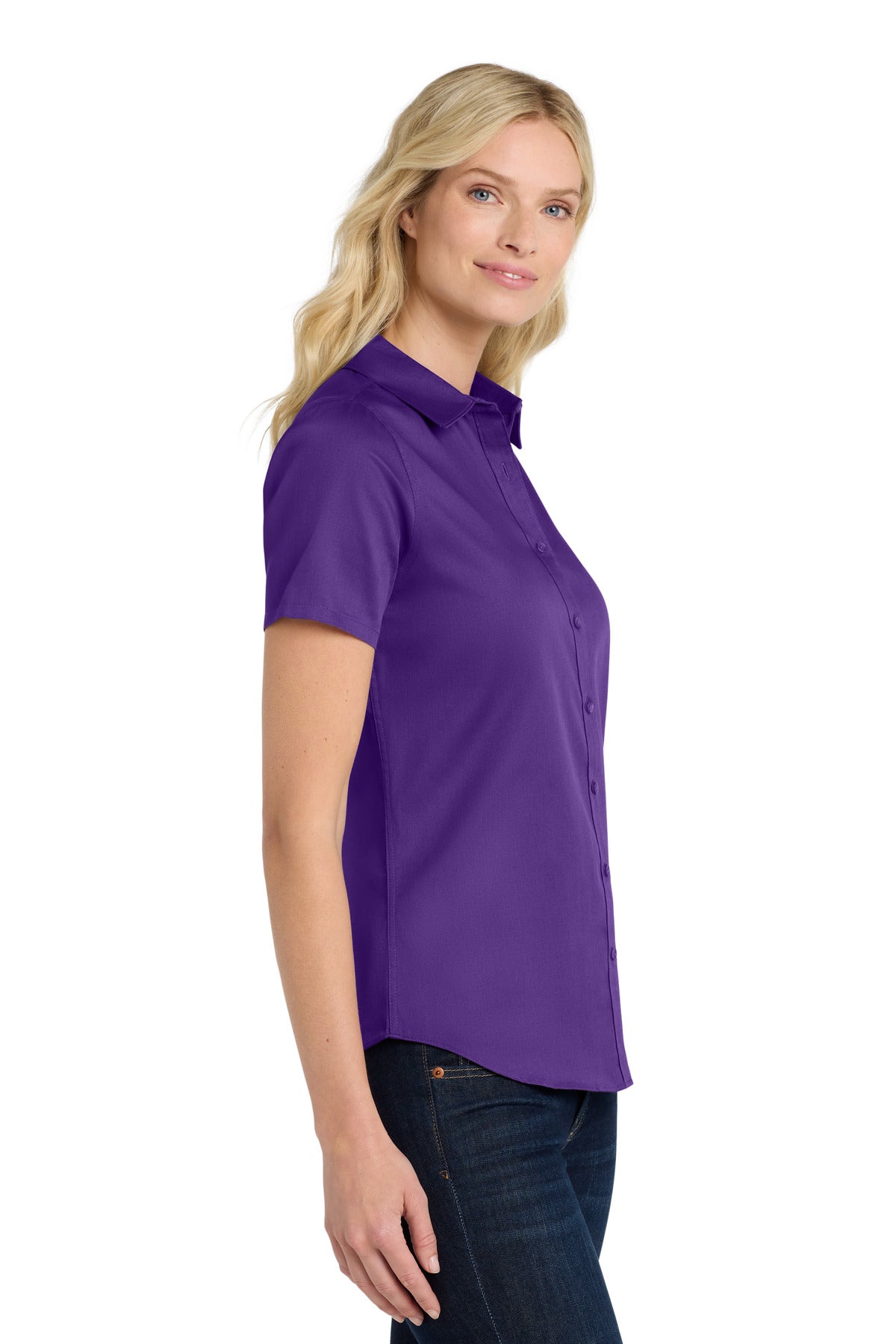 Purple Port Authority Women's Short Sleeve SuperPro React Twill Shirt. LW809