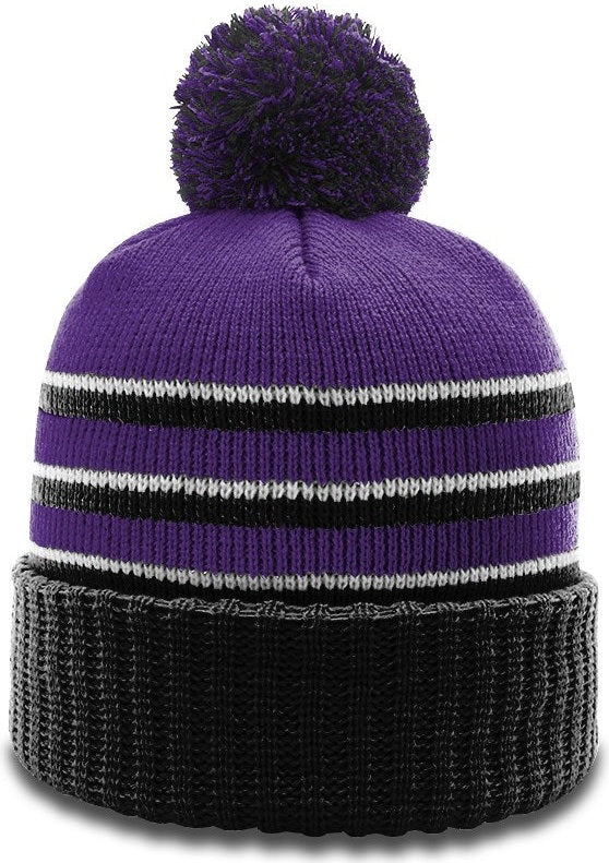 Purple/Black/White Sriped Beanie with Cuff & Pom