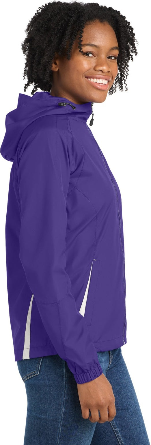 Purple/White Sport-Tek Women's Colorblock Hooded Raglan Jacket. LST76