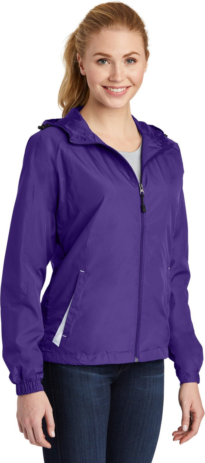Purple/White Sport-Tek Women's Colorblock Hooded Raglan Jacket. LST76