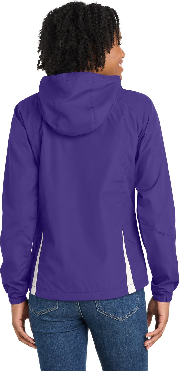 Purple/White Sport-Tek Women's Colorblock Hooded Raglan Jacket. LST76