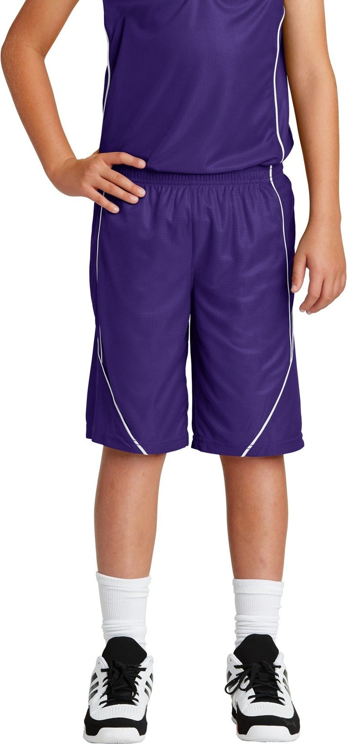 Purple/White Sport-Tek Youth PosiCharge Mesh Reversible Spliced Short. YT565