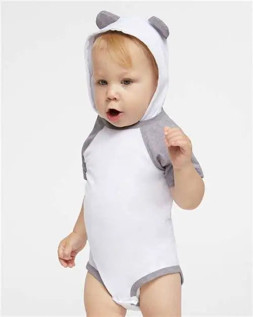 Rabbit Skins 4417 Fine Jersey Infant Short Sleeve Raglan Bodysuit with Hood & Ears - Blended White Vintage Heather