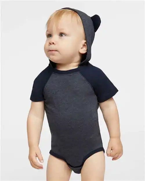 Rabbit Skins 4417 Fine Jersey Infant Short Sleeve Raglan Bodysuit with Hood &amp; Ears - Vintage Navy