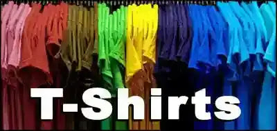 Rainbow-colored t-shirts hang neatly on a rack, showcasing vibrant hues from pink to blue.