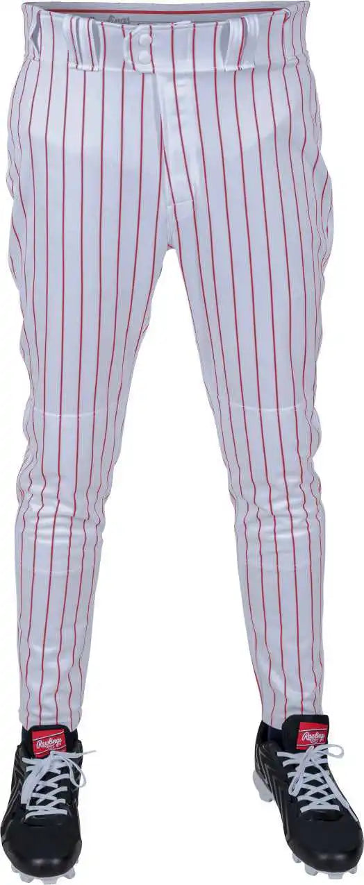 Rawlings 150 Jogger Fit Pinstripe Adult Baseball Pants - White Scarlet