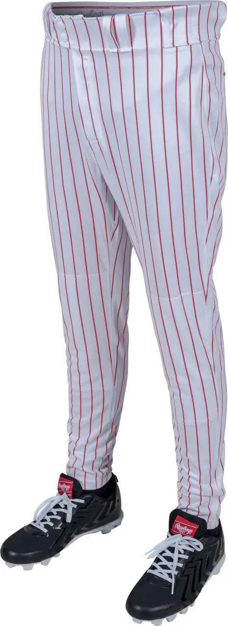 Rawlings 150 Jogger Fit Pinstripe Adult Baseball Pants - White Scarlet