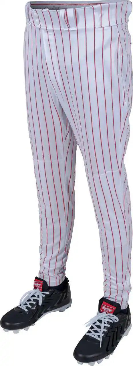 Rawlings 150 Jogger Fit Pinstripe Youth Baseball Pants - White Scarlet