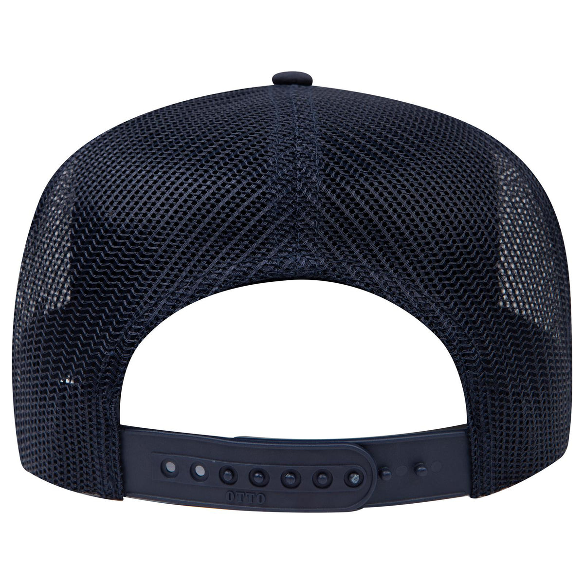 Rear View of 004B - Nvy OTTO CAP 5 Panel Mid Profile Mesh Back Trucker Hat
