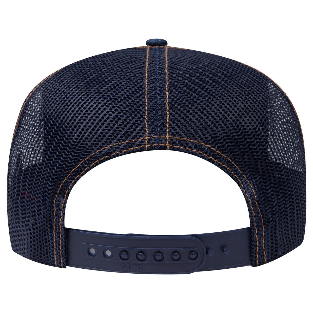 Rear View of 004G - Nvy/Gld OTTO CAP 5 Panel Mid Profile Mesh Back Trucker Hat