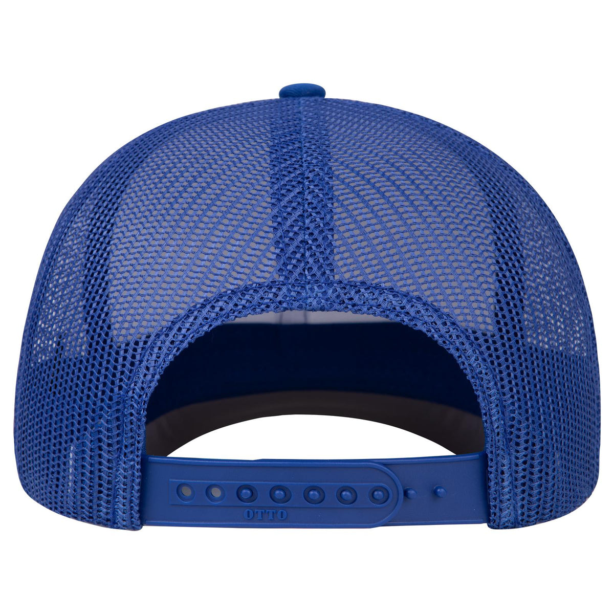 Rear View of 011601 - Ryl/Wht/Ryl OTTO CAP Seamless 6 Panel Mid Profile Mesh Back Trucker Hat
