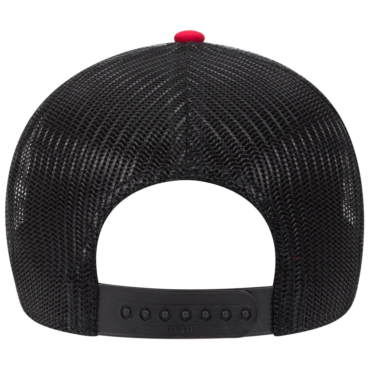 Rear View of 020303 - Red/Blk/Blk OTTO CAP 6 Panel Low Profile Mesh Back Trucker Hat