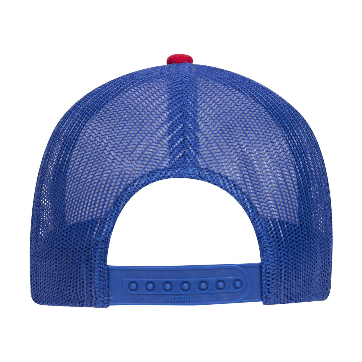 Rear View of 021601 - Red/Wht/Ryl OTTO CAP 6 Panel Low Profile Mesh Back Trucker Hat