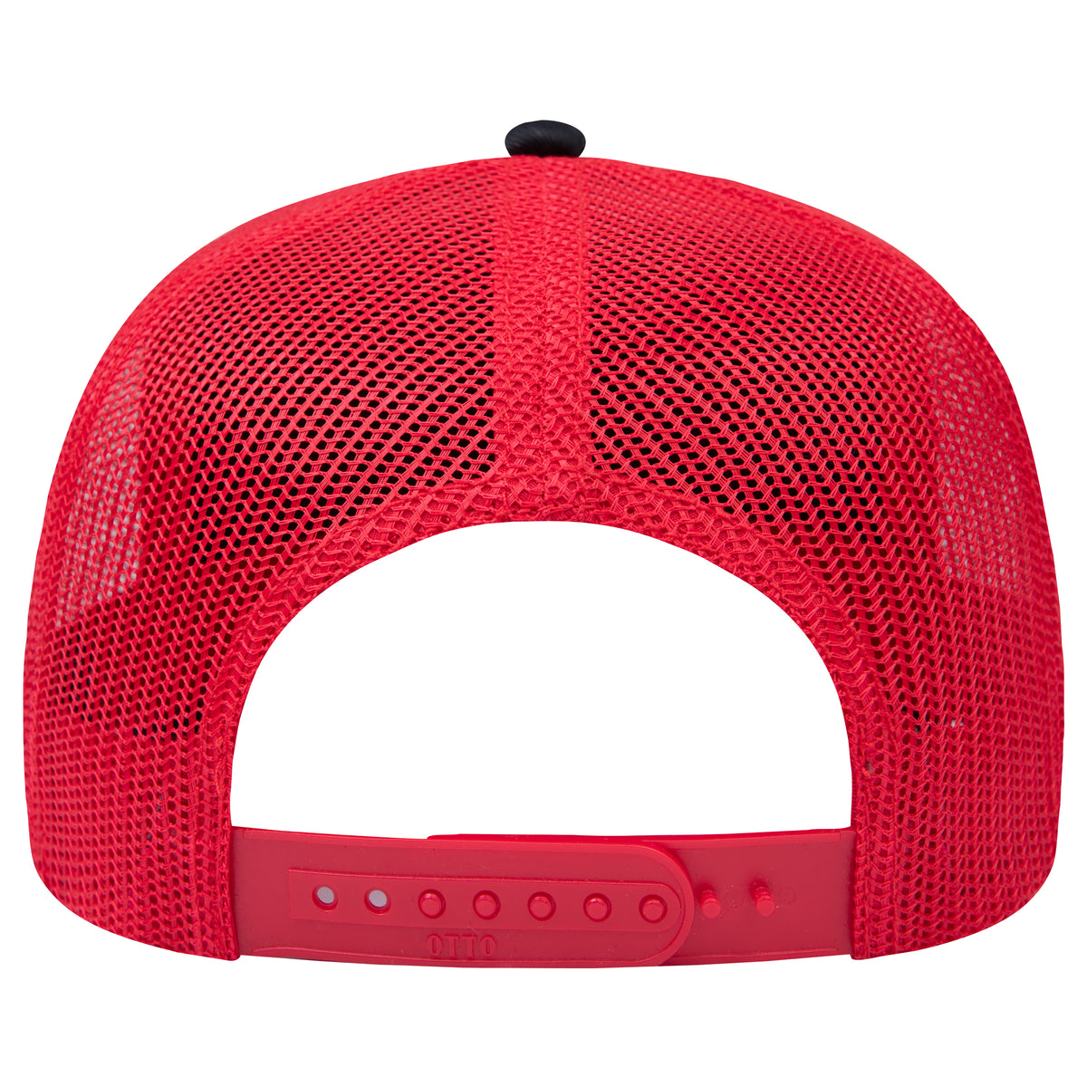 Rear View of 030302 - Blk/Blk/Red OTTO CAP 5 Panel Low Profile Mesh Back Trucker Hat