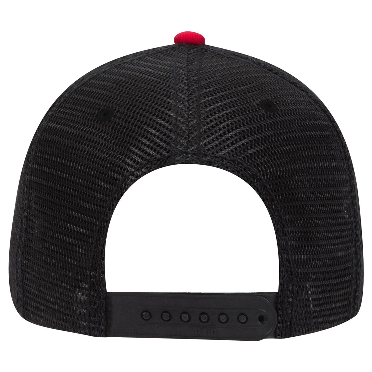 Rear View of 030302 - Blk/Blk/Red OTTO CAP 6 Panel Low Profile Mesh Back Trucker Hat