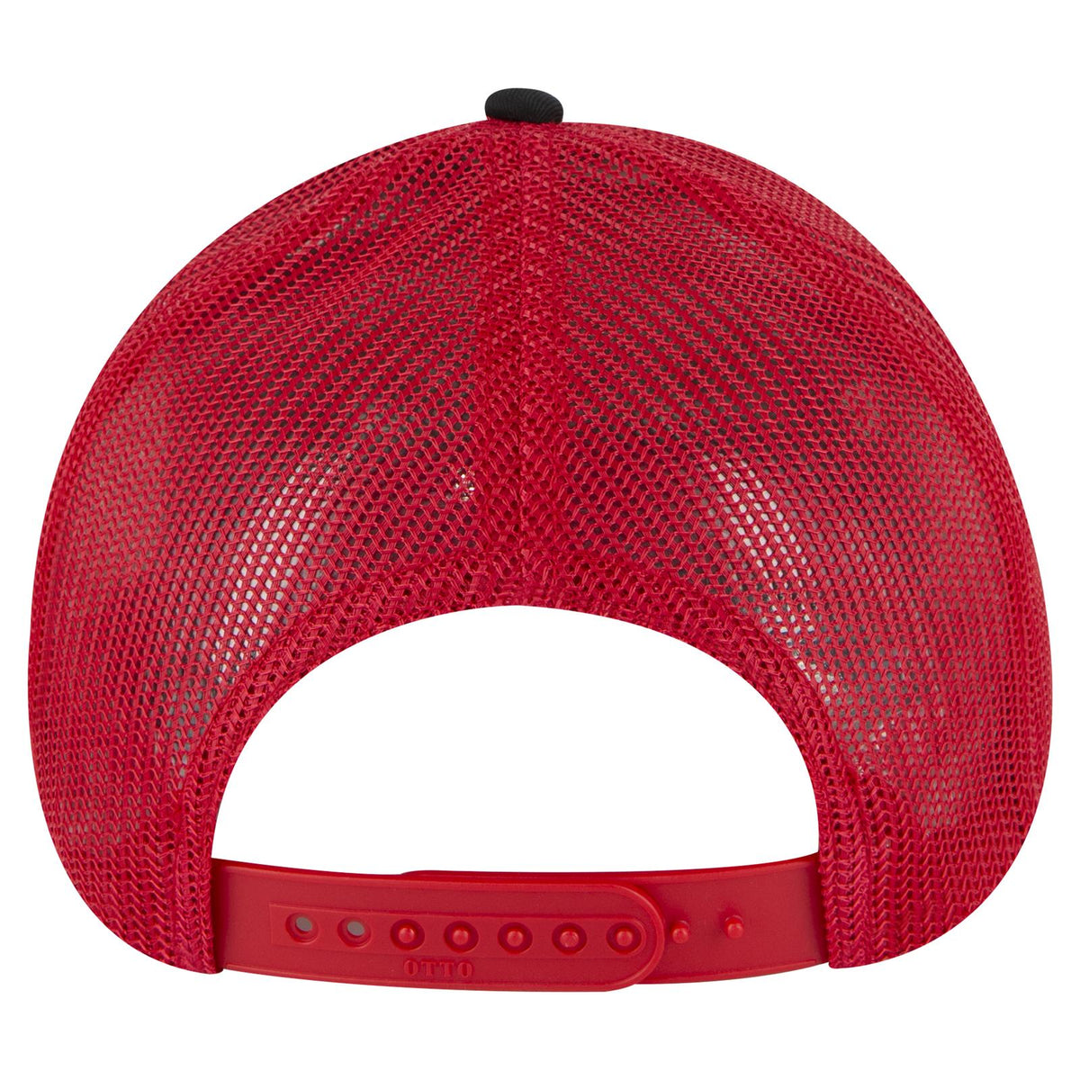 Rear View of 030302 - Blk/Blk/Red OTTO CAP 6 Panel Low Profile Mesh Back Trucker Hat