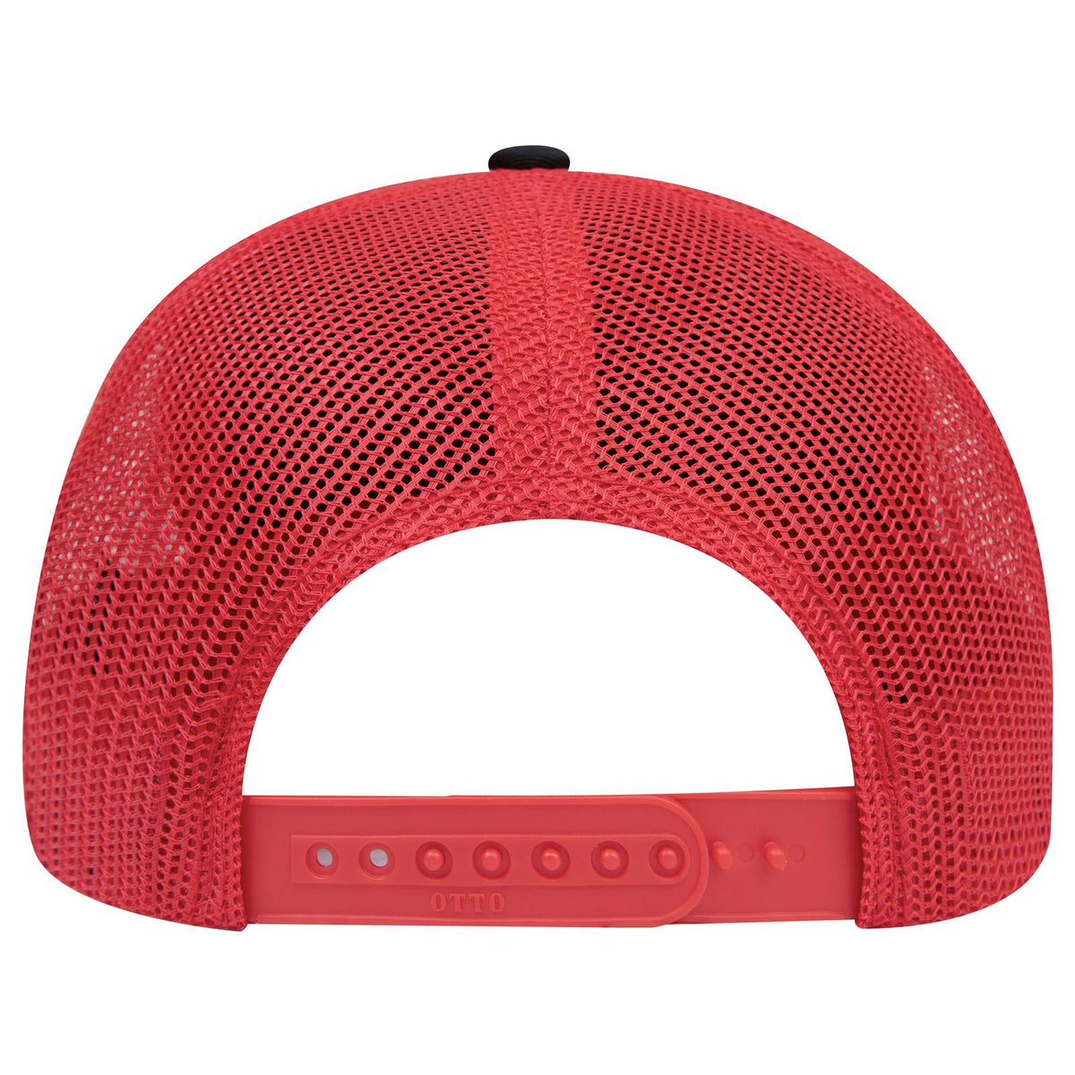 Rear View of 030302 - Blk/Blk/Red OTTO CAP 6 Panel Mid Profile Mesh Back Trucker Hat