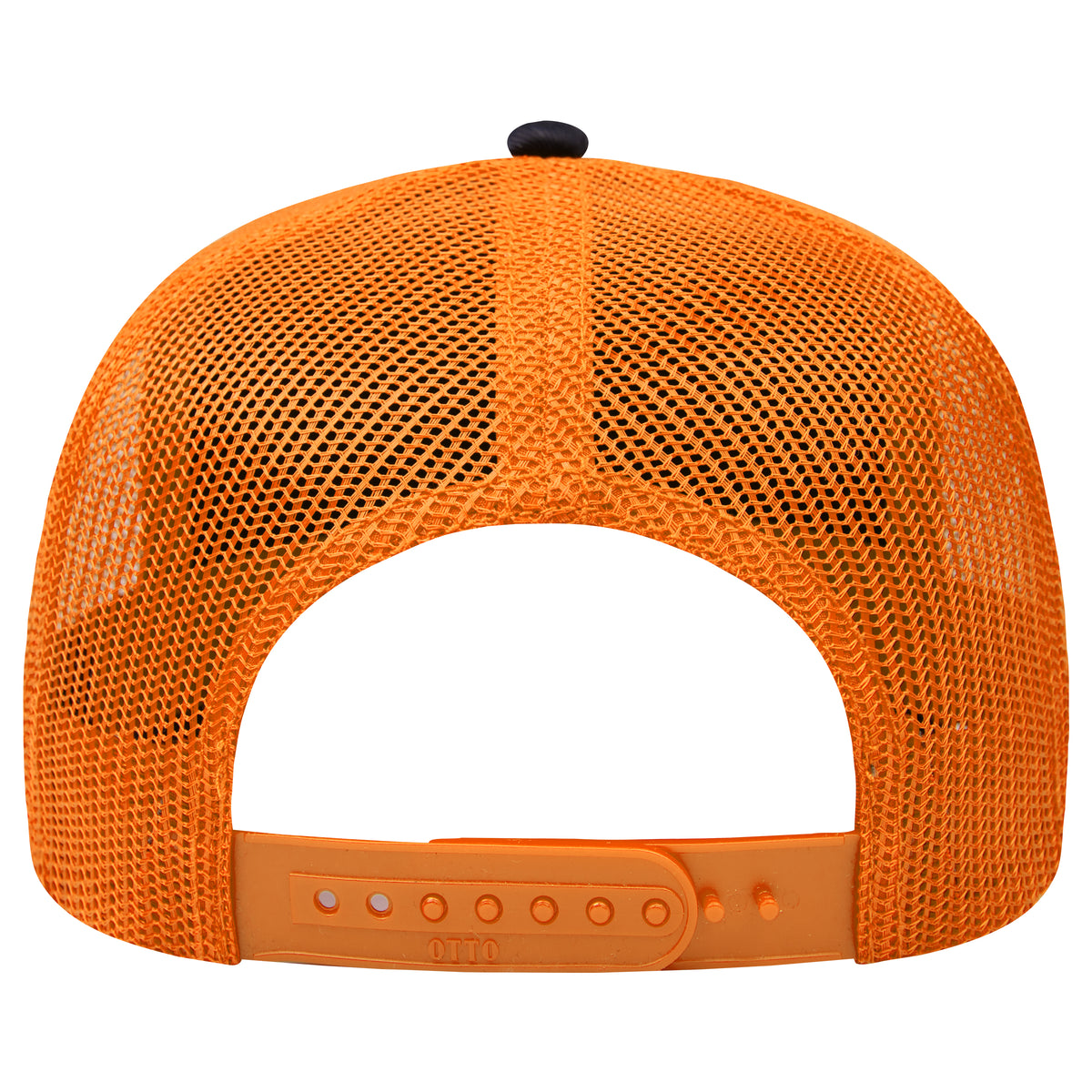Rear View of 030309 - Blk/Blk/N Org OTTO CAP 5 Panel Low Profile Mesh Back Trucker Hat