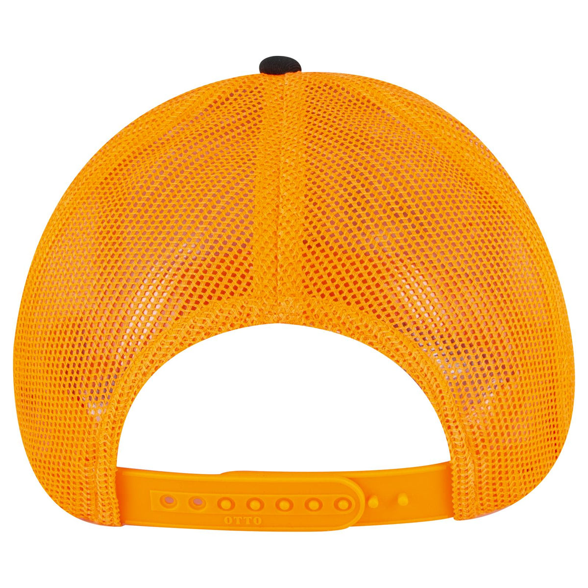 Rear View of 030309 - Blk/Blk/N Org OTTO CAP 6 Panel Low Profile Mesh Back Trucker Hat