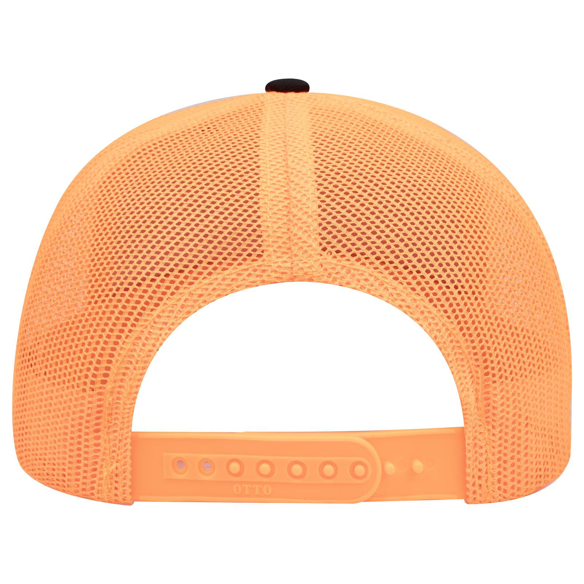 Rear View of 030309 - Blk/Blk/N Org OTTO CAP 6 Panel Mid Profile Mesh Back Trucker Hat