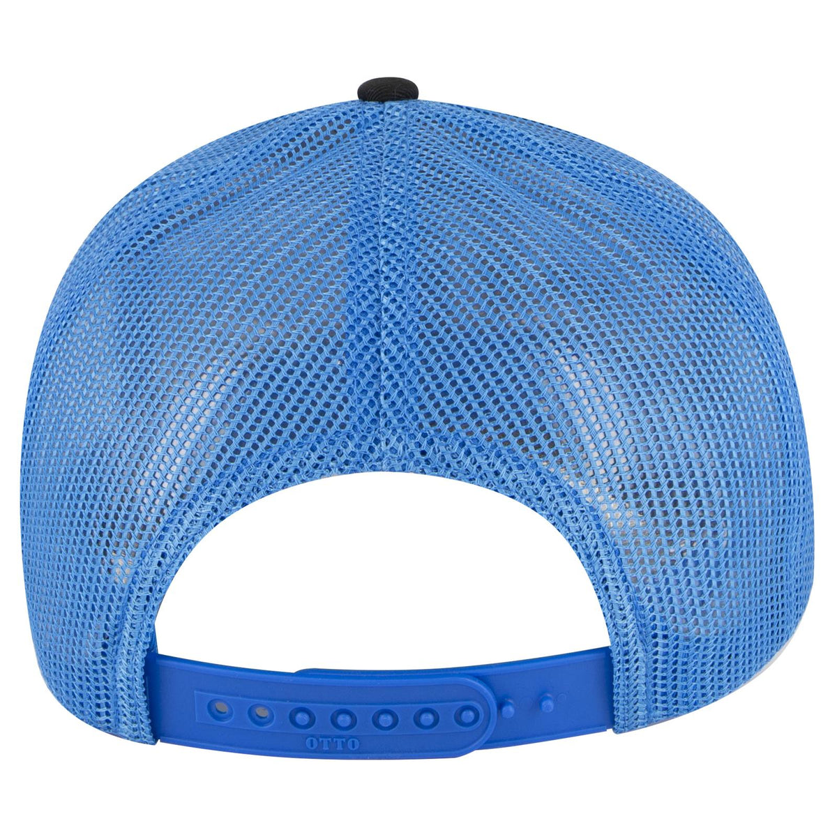 Rear View of 0303107 - Blk/Blk/N.Blue OTTO CAP 6 Panel Low Profile Mesh Back Trucker Hat
