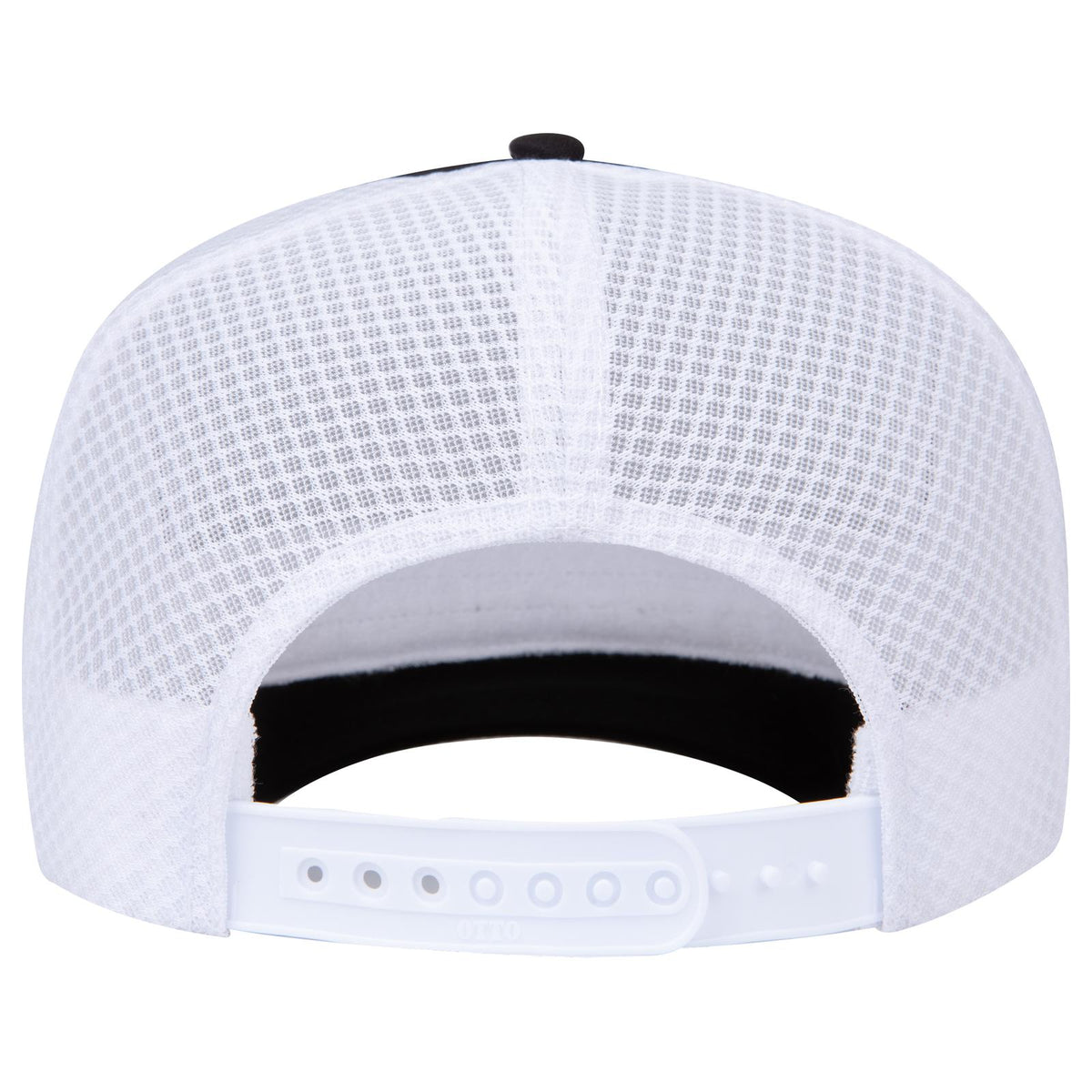 Rear View of 030316C - Blk/Blk/Wht OTTO CAP 5 Panel High Crown Air Mesh Back Trucker Hat