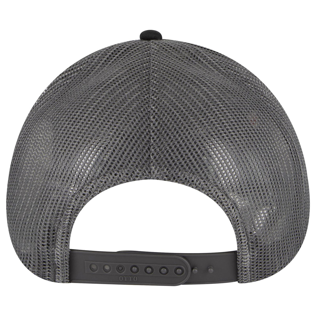Rear View of 030325 - Blk/Blk/Ch.Gry OTTO CAP 6 Panel Low Profile Mesh Back Trucker Hat
