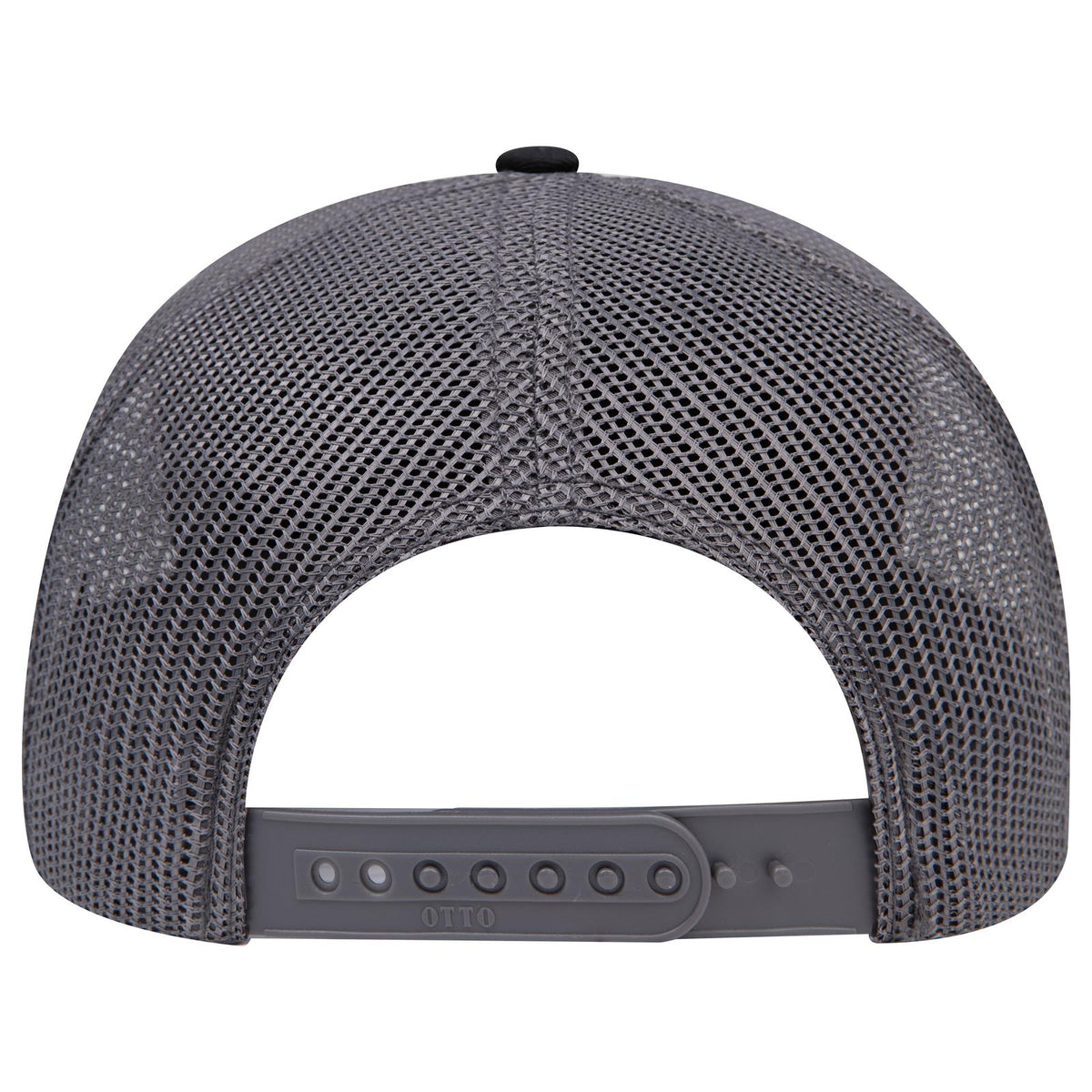Rear View of 030325 - Blk/Blk/Ch.Gry OTTO CAP 6 Panel Mid Profile Mesh Back Trucker Hat
