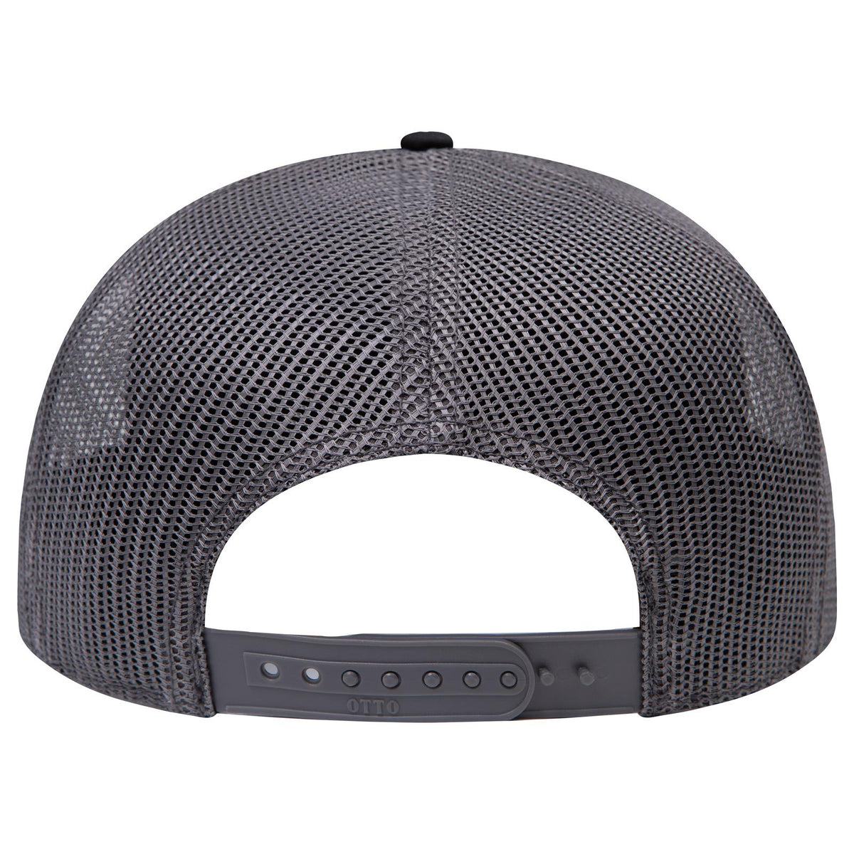 Rear View of 030325 - Blk/Blk/Ch.Gry OTTO CAP "OTTO SNAP" 5 Panel Pro Style Mesh Back Trucker Snapback Hat