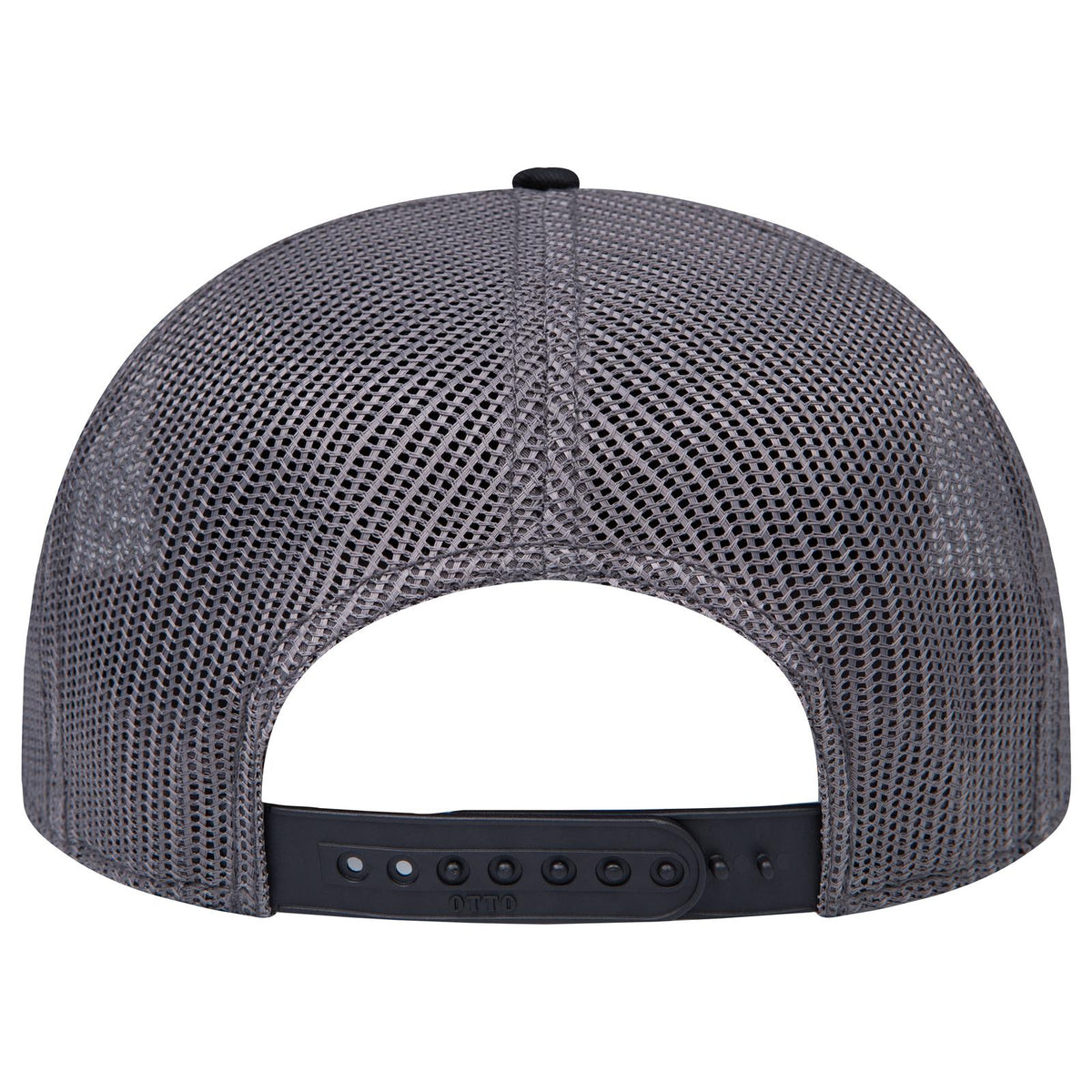 Rear View of 030325 - Blk/Blk/Ch.Gry OTTO CAP "OTTO SNAP" 6 Panel Pro Style Mesh Back Trucker Snapback Hat