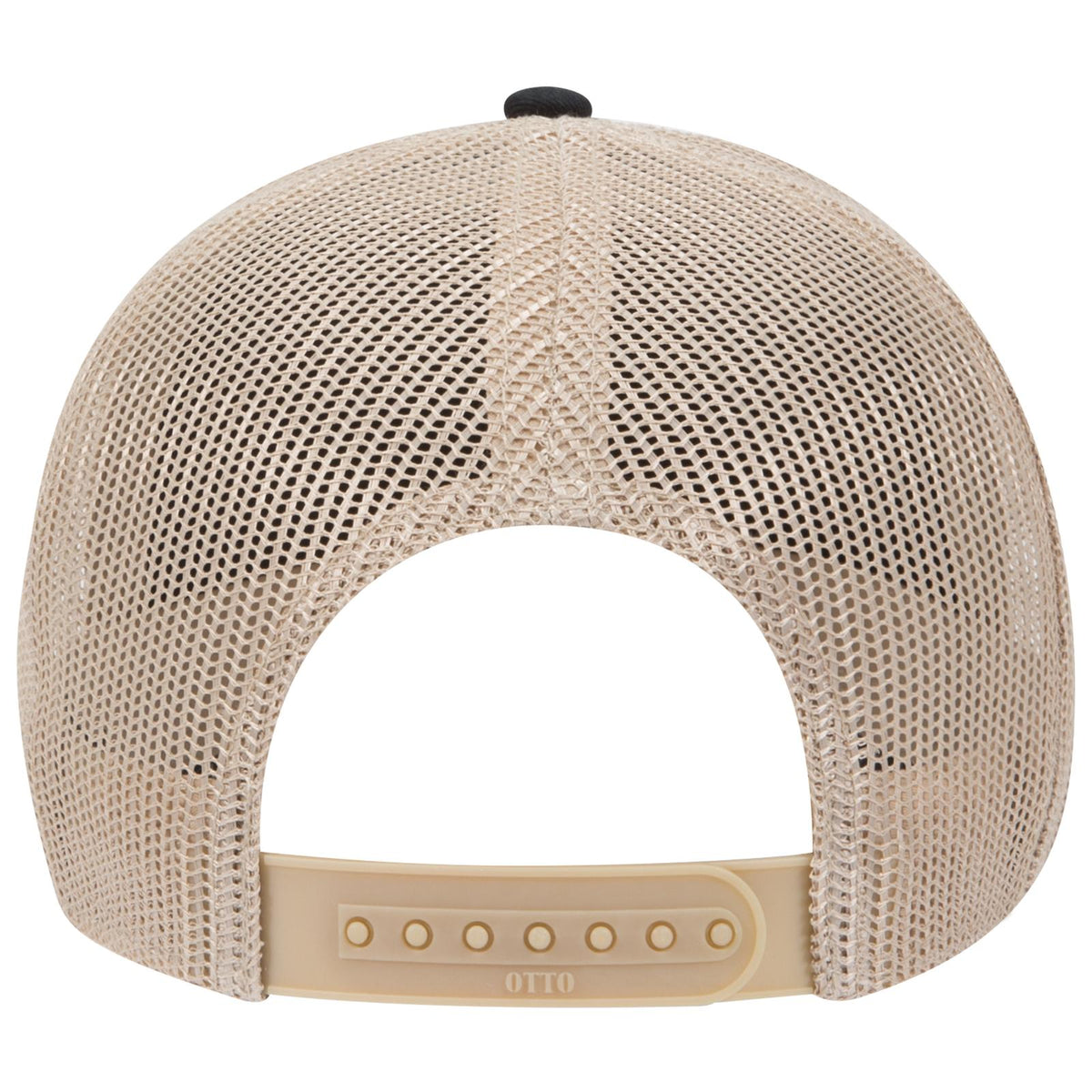 Rear View of 030332 - Blk/Blk/Kha OTTO CAP 6 Panel Low Profile Mesh Back Trucker Hat