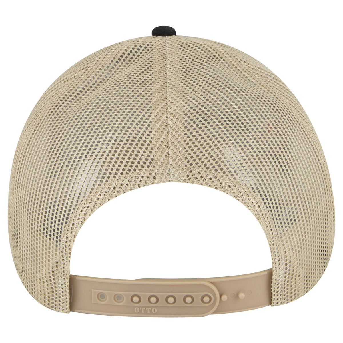 Rear View of 030332 - Blk/Blk/Kha OTTO CAP 6 Panel Low Profile Mesh Back Trucker Hat
