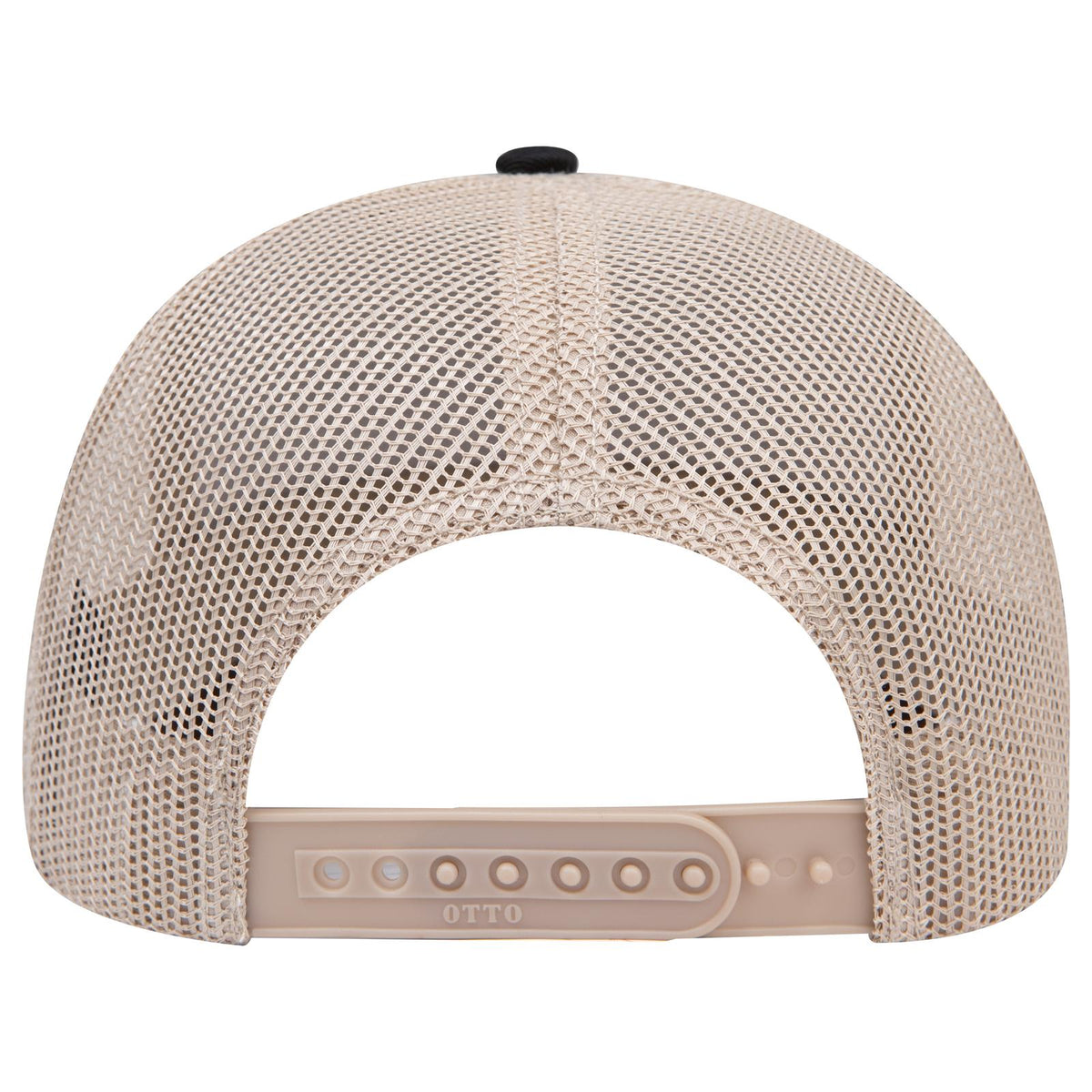 Rear View of 030332 - Blk/Blk/Kha OTTO CAP 6 Panel Mid Profile Mesh Back Trucker Hat