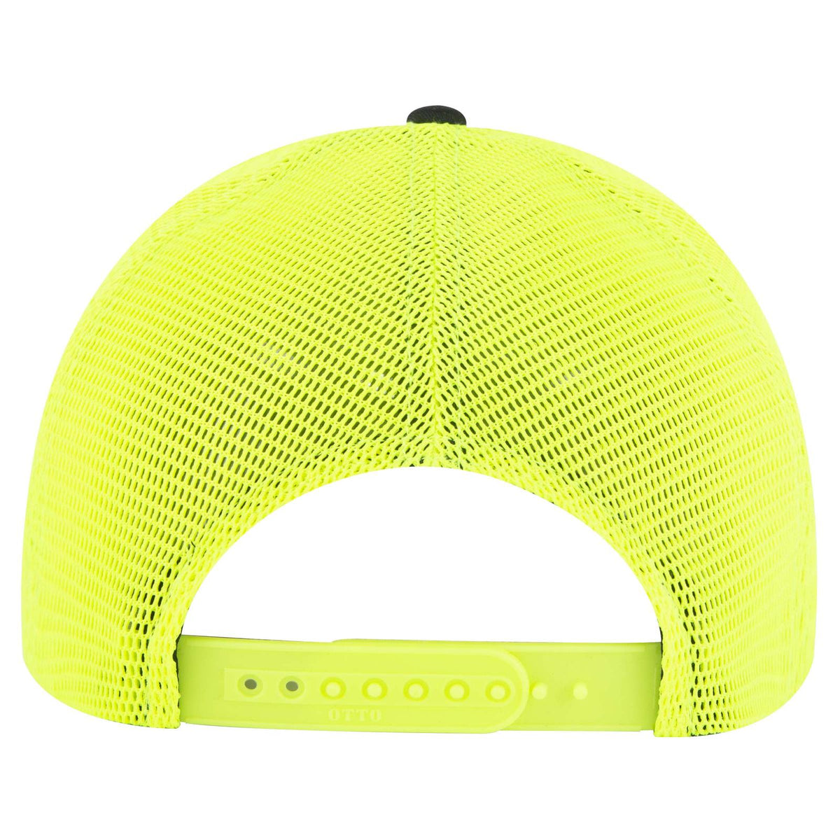 Rear View of 030340 - Blk/Blk/N.Ylw OTTO CAP "OTTO COMFY FIT" 6 Panel Low Profile Mesh Back Trucker Hat