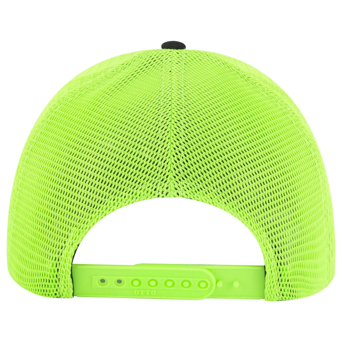 Rear View of 030388 - Blk/Blk/N.Grn OTTO CAP "OTTO COMFY FIT" 6 Panel Low Profile Mesh Back Trucker Hat