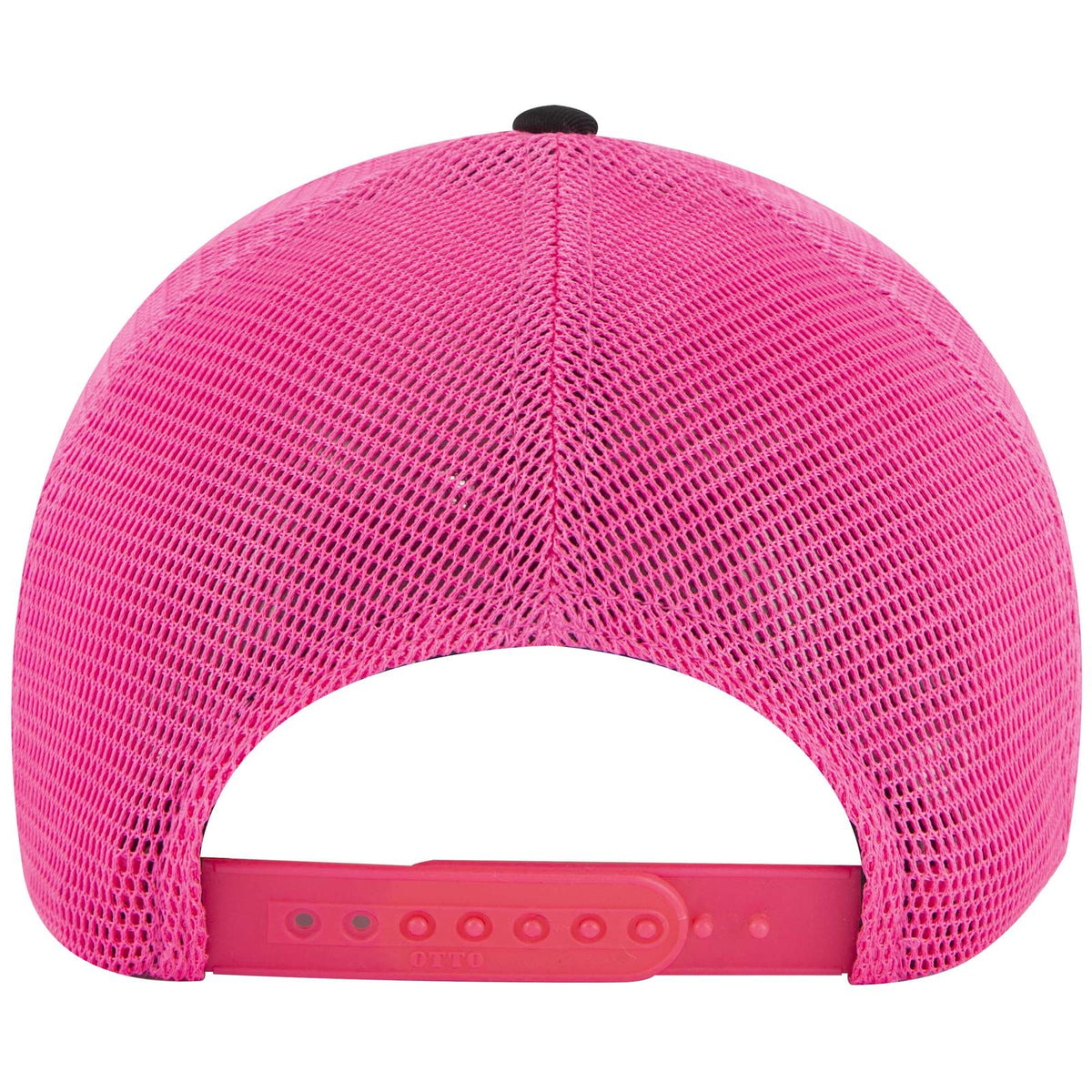Rear View of 030389 - Blk/Blk/N.Pnk OTTO CAP "OTTO COMFY FIT" 6 Panel Low Profile Mesh Back Trucker Hat