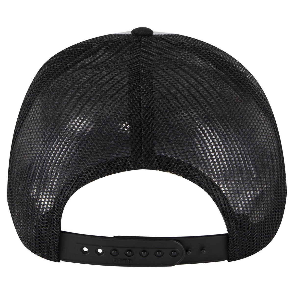 Rear View of 037403 - Black/Heather Gray/Black OTTO CAP 6 Panel Low Profile Mesh Back Trucker Hat