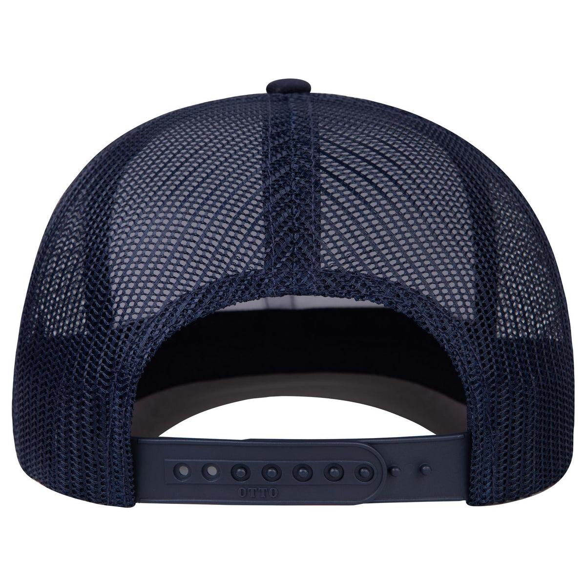 Rear View of 041604 - Nvy/Wht/Nvy OTTO CAP Seamless 6 Panel Mid Profile Mesh Back Trucker Hat