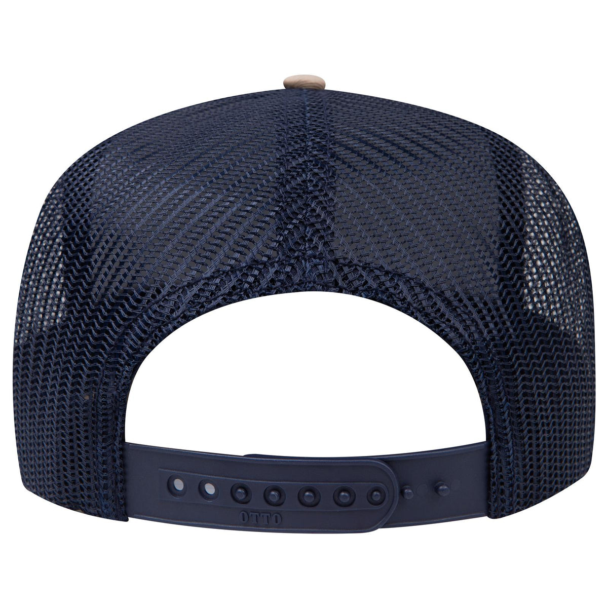 Rear View of 3204 - Kha/Nvy OTTO CAP 5 Panel Mid Profile Mesh Back Trucker Hat