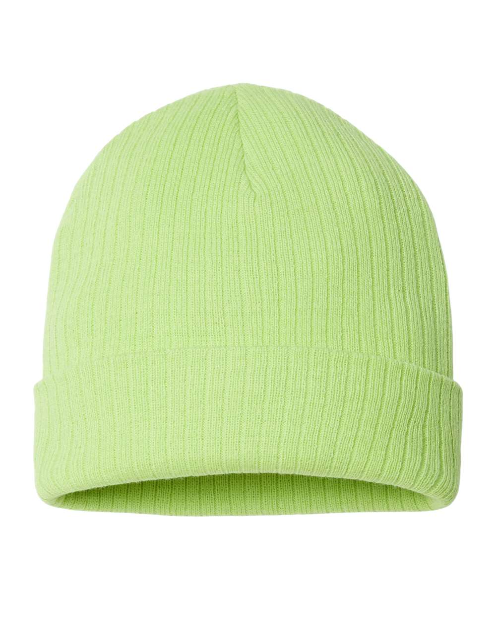Front View of Acid Green Sustainable Rib Cuffed Beanie - RIO